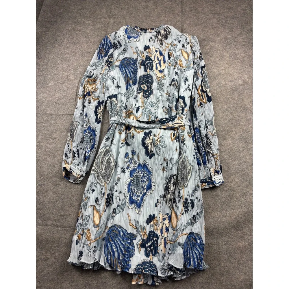 Tory Burch Deneuve Dress Blue Happy Times Floral Pleated Knee Length Womens 00